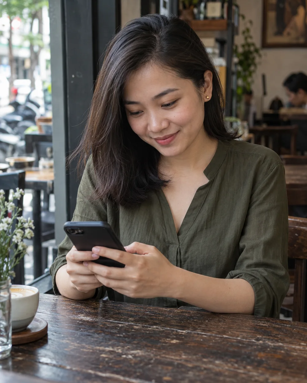 cô gái đọc và trả lời tin nhắn ở quán cà phê